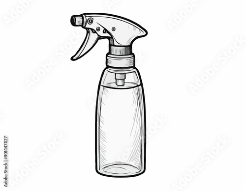 Cylindric sprayer bottle black sketch hand drawn closeup isolated on white background