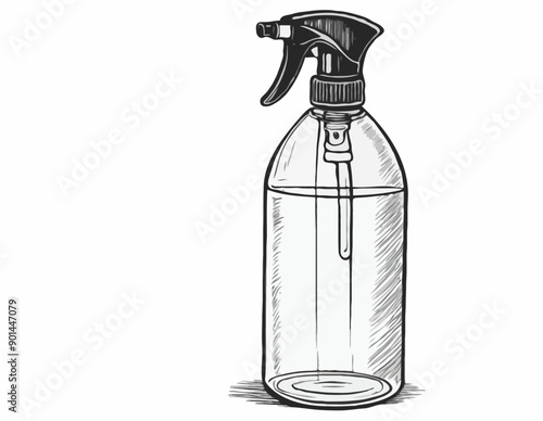 Cylindric sprayer bottle black sketch hand drawn closeup isolated on white background