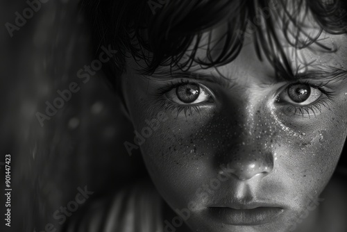 A monochrome portrait of a young child with intense, expressive eyes and freckles, capturing depth of emotion and detailed facial features under dramatic lighting