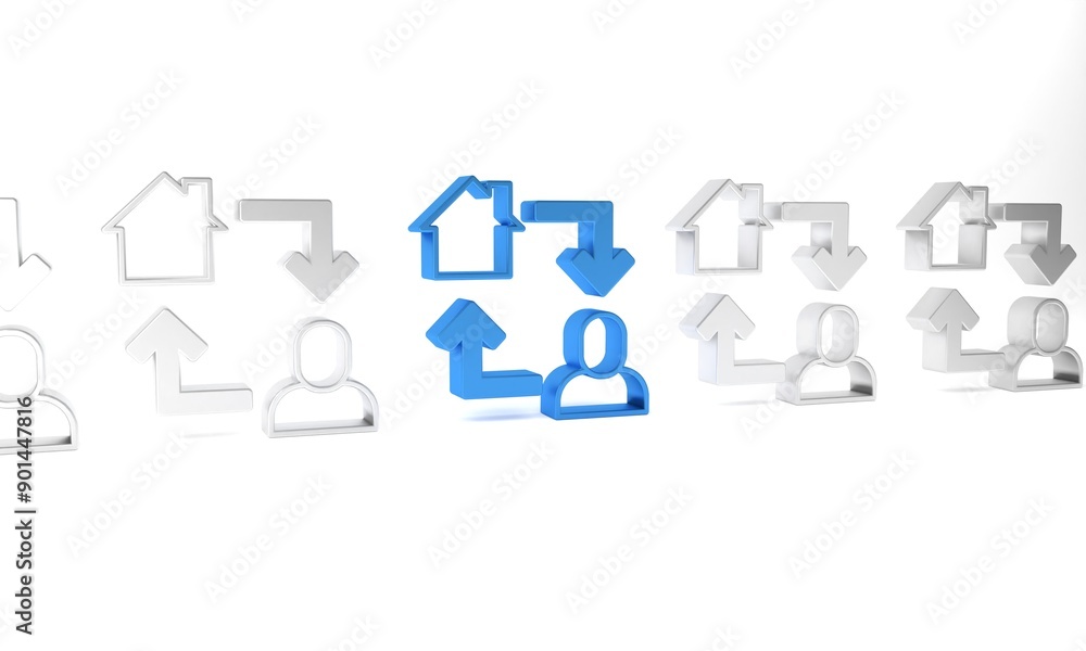Blue Online working icon isolated on white background. Freelancer man working on laptop at his house. Remote work. Distant job concept. Minimalism concept. 3D render illustration Blue Online working icon isolated on white background. Freelancer man working on laptop at his house. Remote work. Distant job concept. Minimalism concept. 3D render illustration