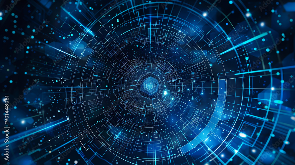 Fototapeta premium A blue background with a large, blue sphere with many lines and dots