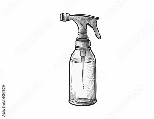 Cylindric sprayer bottle black sketch hand drawn closeup isolated on white background