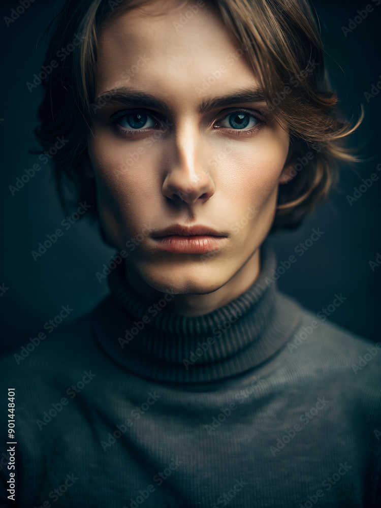 a close-up portrait of a young man with a serious expression. He is wearing a gray turtleneck sweater and has short, wavy hair a close-up portrait of a young man with a serious expression. He is wearing a gray turtleneck sweater and has short, wavy hair