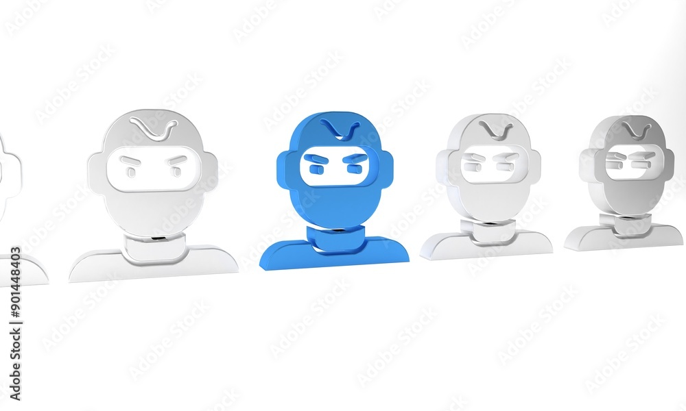 Fototapeta premium Blue Thief mask icon isolated on white background. Bandit mask, criminal man. Minimalism concept. 3D render illustration