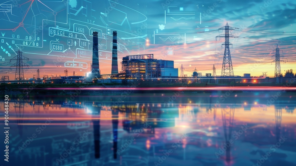 Energizing Dawn Industrial Power Station with River Reflection and Digital Energy Monitoring Energizing Dawn Industrial Power Station with River Reflection and Digital Energy Monitoring