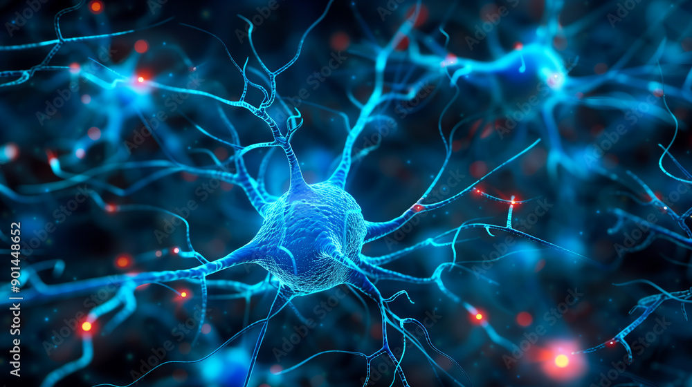 A blue and white image of neurons. The neurons are connected to each other and are in different shapes and sizes. Concept of the complexity of the brain A blue and white image of neurons. The neurons are connected to each other and are in different shapes and sizes. Concept of the complexity of the brain