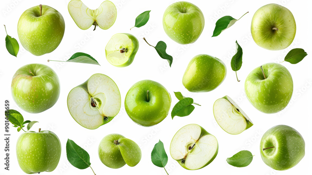 A rich collection of fresh green apples and green leaves, including whole apples, halves, and quarters viewed from different sides. The apples appear to fly and levitate, creating a pattern isolated A rich collection of fresh green apples and green leaves, including whole apples, halves, and quarters viewed from different sides. The apples appear to fly and levitate, creating a pattern isolated