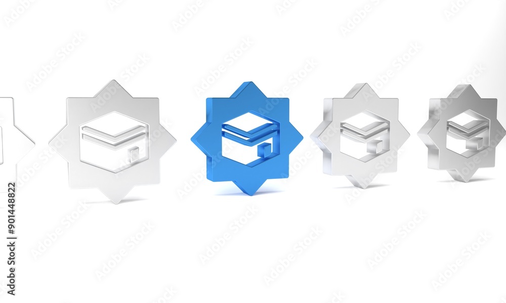 Blue Kaaba mosque icon isolated on white background. Kaaba hajj Mecca pray pilgrimage Ramadan Islam muslim mosque. Minimalism concept. 3D render illustration Blue Kaaba mosque icon isolated on white background. Kaaba hajj Mecca pray pilgrimage Ramadan Islam muslim mosque. Minimalism concept. 3D render illustration