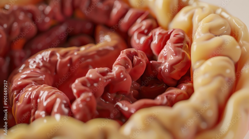 A close up of a stomach with red and yellow colors A close up of a stomach with red and yellow colors