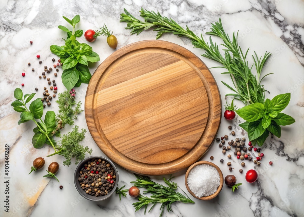 Circular wooden cutting board with ornate border holds fresh herbs and seasonings on a sleek white marble surface, awaiting culinary creations with ample copy space. Circular wooden cutting board with ornate border holds fresh herbs and seasonings on a sleek white marble surface, awaiting culinary creations with ample copy space.