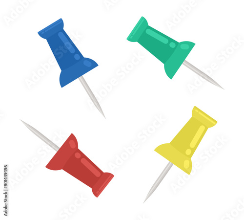 Vector push pins, attaching buttons. Hand drawn colorful stationery isolated on white background. School and office supplies, Thumbtacks for attach in different colors.Colored flat vector illustration