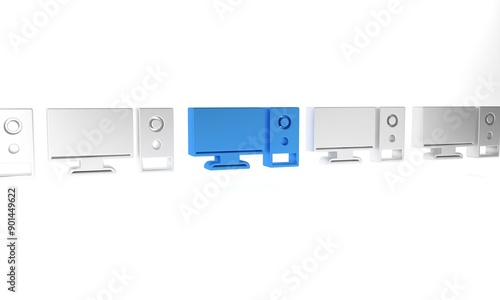 Blue Computer monitor icon isolated on white background. PC component sign. Minimalism concept. 3D render illustration