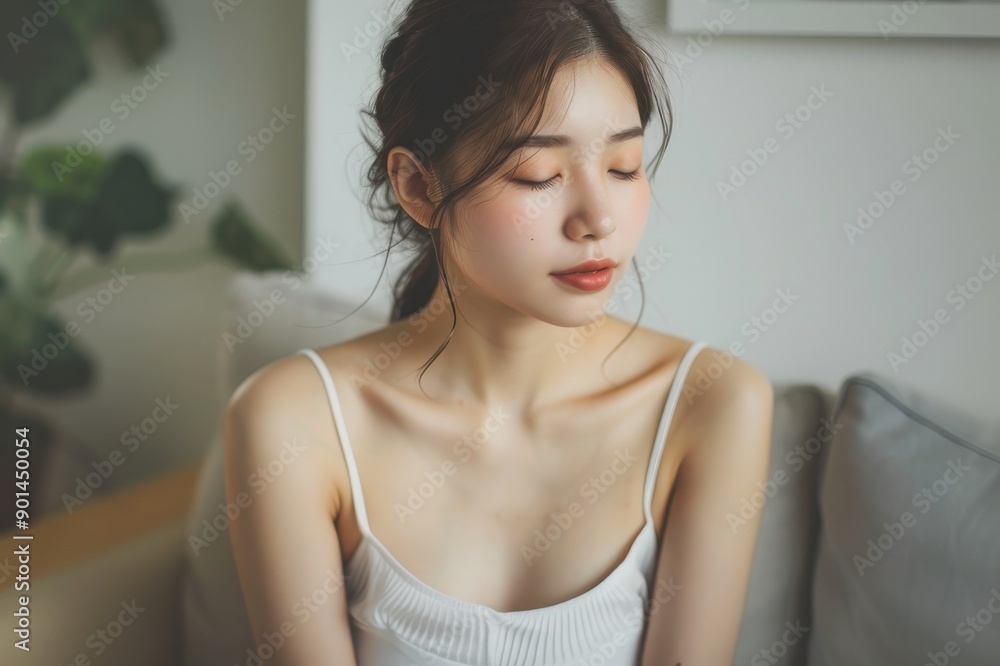 部屋着を着て部屋でリラックスしている日本人女性（モデル・キャミソール・肌見せ）