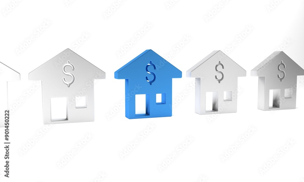 Blue House with dollar symbol icon isolated on white background. Home and money. Real estate concept. Minimalism concept. 3D render illustration Blue House with dollar symbol icon isolated on white background. Home and money. Real estate concept. Minimalism concept. 3D render illustration