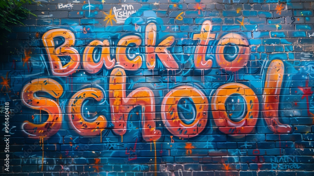 Fototapeta premium A brick wall is adorned with colorful graffiti, featuring the phrase Back to School in bold, stylized letters.