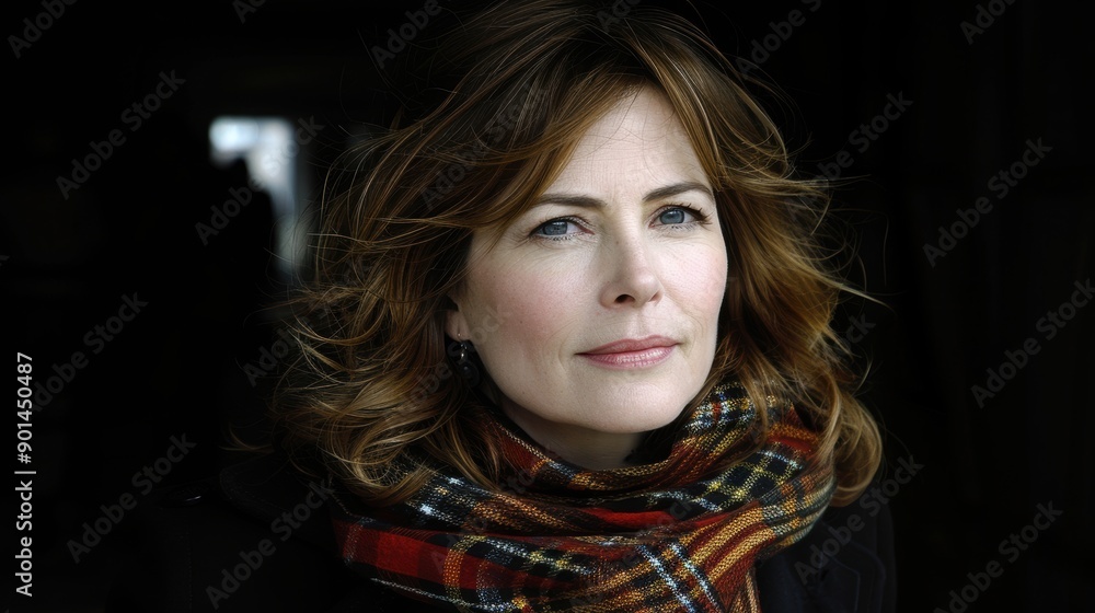 A close-up portrait of a middle-aged woman with wavy hair, wearing a colorful plaid scarf and black coat, looking contemplative with a dark blurred background A close-up portrait of a middle-aged woman with wavy hair, wearing a colorful plaid scarf and black coat, looking contemplative with a dark blurred background
