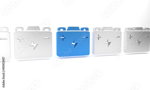 Blue Car battery icon isolated on white background. Accumulator battery energy power and electricity accumulator battery. Minimalism concept. 3D render illustration