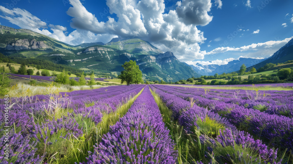 Lavender fields beneath the French Alps, forming a natural border of beautiful little purple flowers, showcasing the gorgeous nature of France.