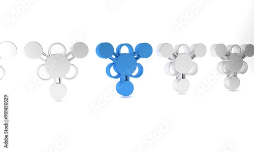 Blue Molecule icon isolated on white background. Structure of molecules in chemistry, science teachers innovative educational poster. Minimalism concept. 3D render illustration