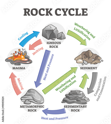 Rock cycle transformation and stone formation process labeled outline diagram, transparent background. Geological scheme with heat, pressure, weathering and lithification force illustration.