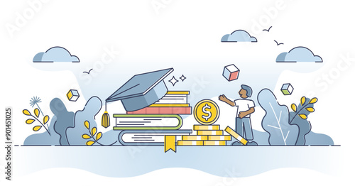 Scholarship credit for students education tuition payment outline concept, transparent background. Money investment in knowledge and future university graduation illustration.
