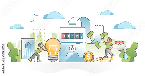 Utility bills as water and electricity consumption expenses outline concept, transparent background.Family budget finance calculations after home energy cost payments illustration.