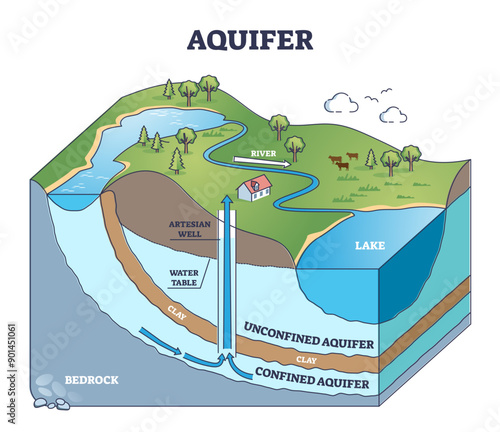Aquifer as confined underground water layers in geological outline diagram, transparent background. Labeled educational underwater permeable rock side view explanation with bedrock.