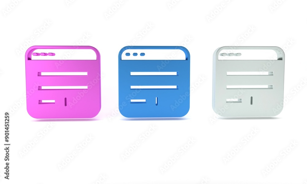 Colorful Browser window icon isolated on white background. Minimalism concept. 3D render illustration
