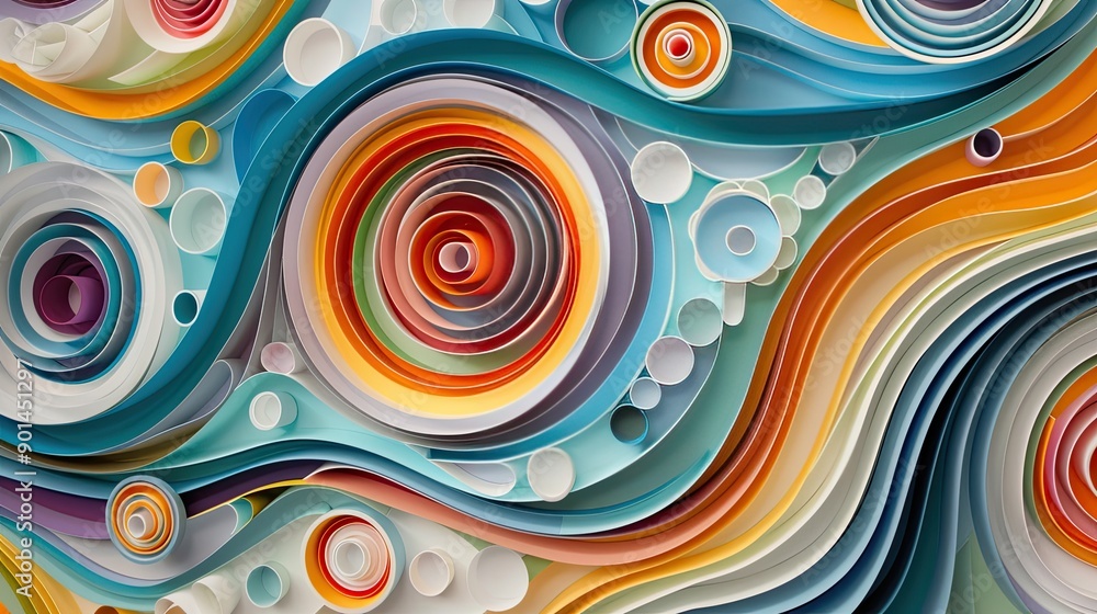 Abstract paper art featuring an array of colorful circles and 3D wavy lines, creating a lively and intricate design. Abstract paper art featuring an array of colorful circles and 3D wavy lines, creating a lively and intricate design.