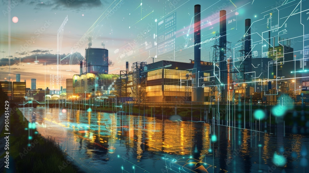 Fototapeta premium Smart Sustainability Industrial Power Hub Embracing Innovation and Efficiency Along the Riverfront at Dusk
