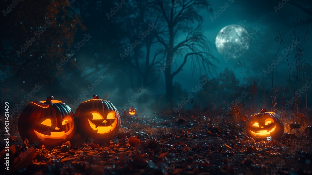 Naklejka premium Halloween pumpkin under full moon