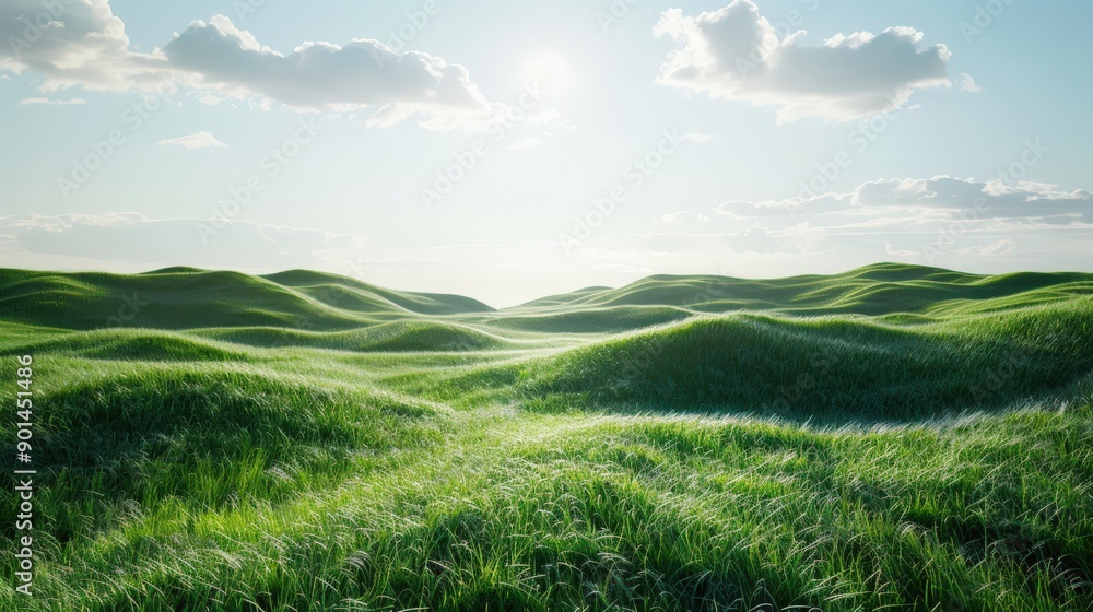 Obraz premium A large, open field of grass with a bright sun shining down on it