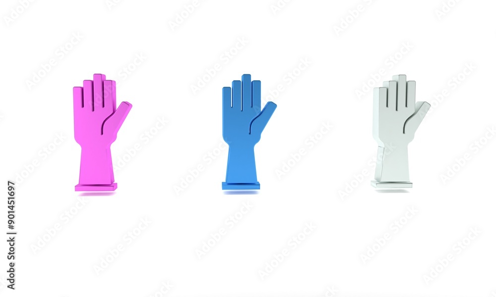 Colorful Rubber gloves icon isolated on white background. Latex hand protection sign. Housework cleaning equipment symbol. Minimalism concept. 3D render illustration Colorful Rubber gloves icon isolated on white background. Latex hand protection sign. Housework cleaning equipment symbol. Minimalism concept. 3D render illustration