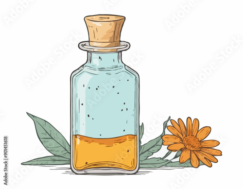 Hand drawn glass bottle with calendula oil or tincture vector illustration