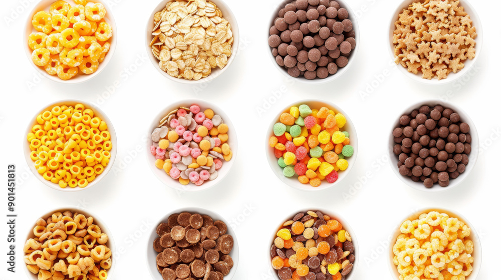 A collection of different breakfast cereals displayed on a white background, viewed from above. A collection of different breakfast cereals displayed on a white background, viewed from above.