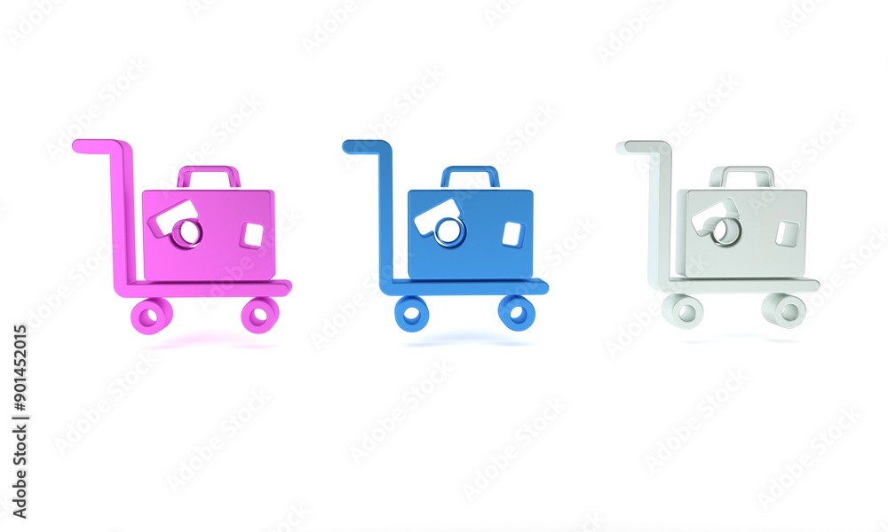 Colorful Hotel luggage cart with suitcase icon isolated on white background. Traveling baggage sign. Travel luggage icon. Minimalism concept. 3D render illustration Colorful Hotel luggage cart with suitcase icon isolated on white background. Traveling baggage sign. Travel luggage icon. Minimalism concept. 3D render illustration