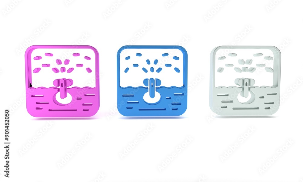 Colorful Automatic irrigation sprinklers icon isolated on white background. Watering equipment. Garden element. Spray gun icon. Minimalism concept. 3D render illustration Colorful Automatic irrigation sprinklers icon isolated on white background. Watering equipment. Garden element. Spray gun icon. Minimalism concept. 3D render illustration