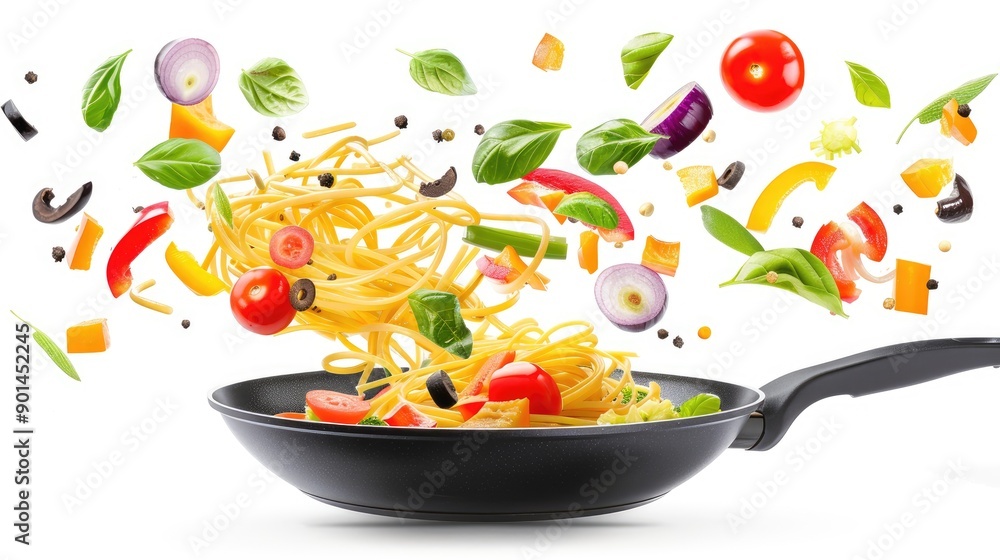 Close-up of pasta and vibrant vegetables mid-air over a sizzling black pan, cut out and isolated on a white background. Close-up of pasta and vibrant vegetables mid-air over a sizzling black pan, cut out and isolated on a white background.