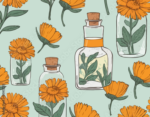 Hand drawn glass bottle with calendula oil or tincture vector illustration