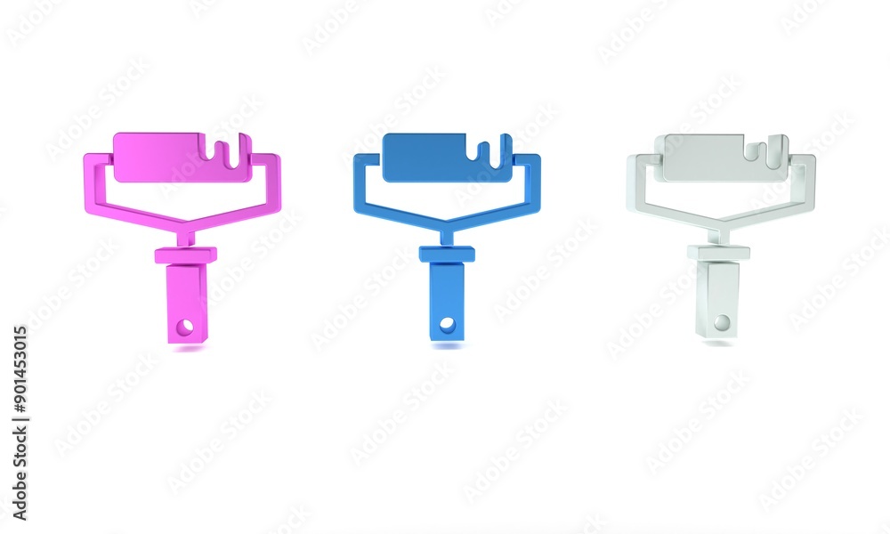 Colorful Paint roller brush icon isolated on white background. Minimalism concept. 3D render illustration Colorful Paint roller brush icon isolated on white background. Minimalism concept. 3D render illustration