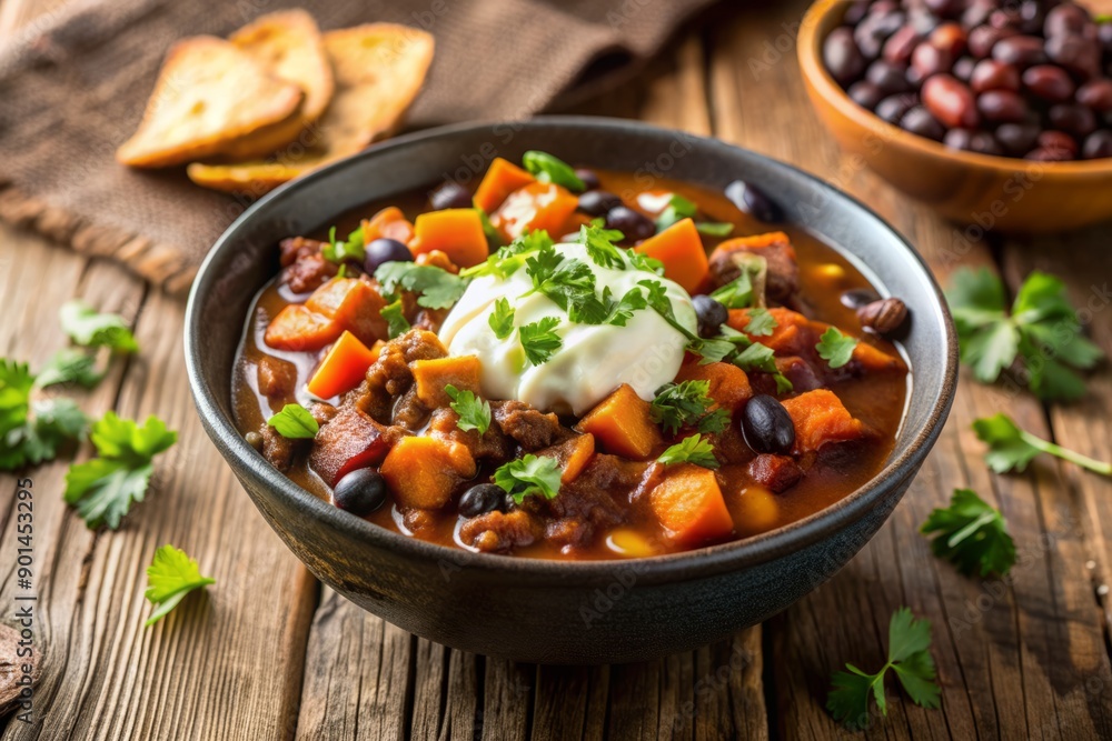 Warm and inviting bowl of sweet potato and black bean chili, garnished with fresh cilantro, scallions, and a dollop of sour cream, on rustic wooden table. Warm and inviting bowl of sweet potato and black bean chili, garnished with fresh cilantro, scallions, and a dollop of sour cream, on rustic wooden table.