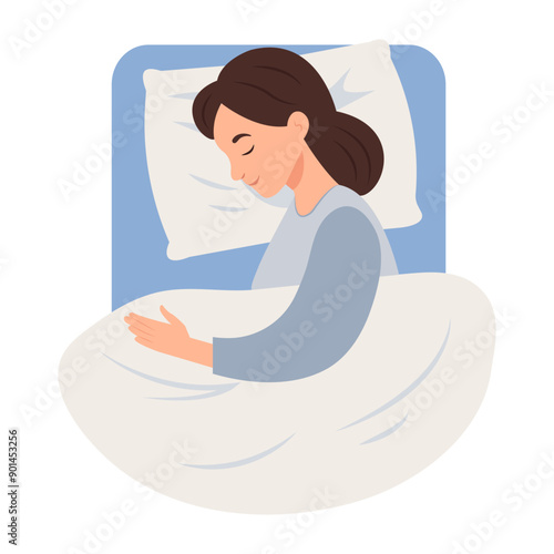  A woman sleeps in bed lying on a pillow and covered with a blanket. Vector illustration.