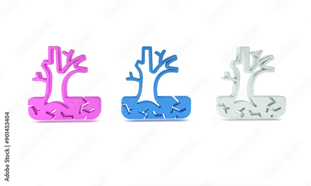 Fototapeta premium Colorful Withered tree icon isolated on white background. Bare tree. Dead tree silhouette. Minimalism concept. 3D render illustration