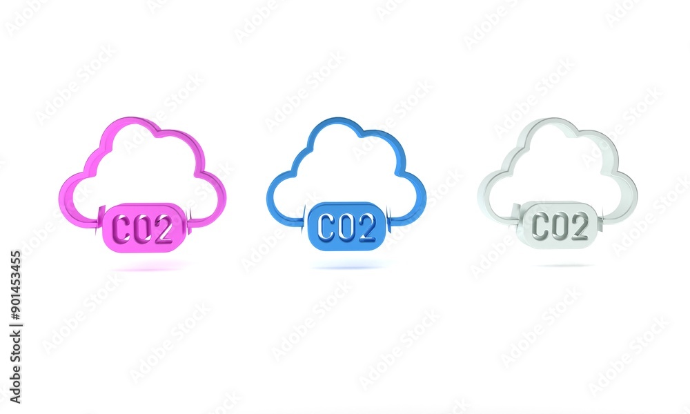 Colorful CO2 emissions in cloud icon isolated on white background. Carbon dioxide formula, smog pollution concept, environment concept. Minimalism concept. 3D render illustration Colorful CO2 emissions in cloud icon isolated on white background. Carbon dioxide formula, smog pollution concept, environment concept. Minimalism concept. 3D render illustration