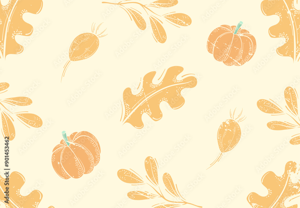 Fall harvest pattern, with orange pumpkins and forest leaves. Isolated on white background. Design for wallpapers, digital paper. Vintage style. Autumn background 