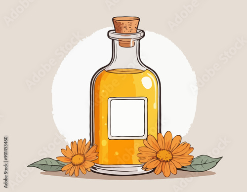 Hand drawn glass bottle with calendula oil or tincture vector illustration