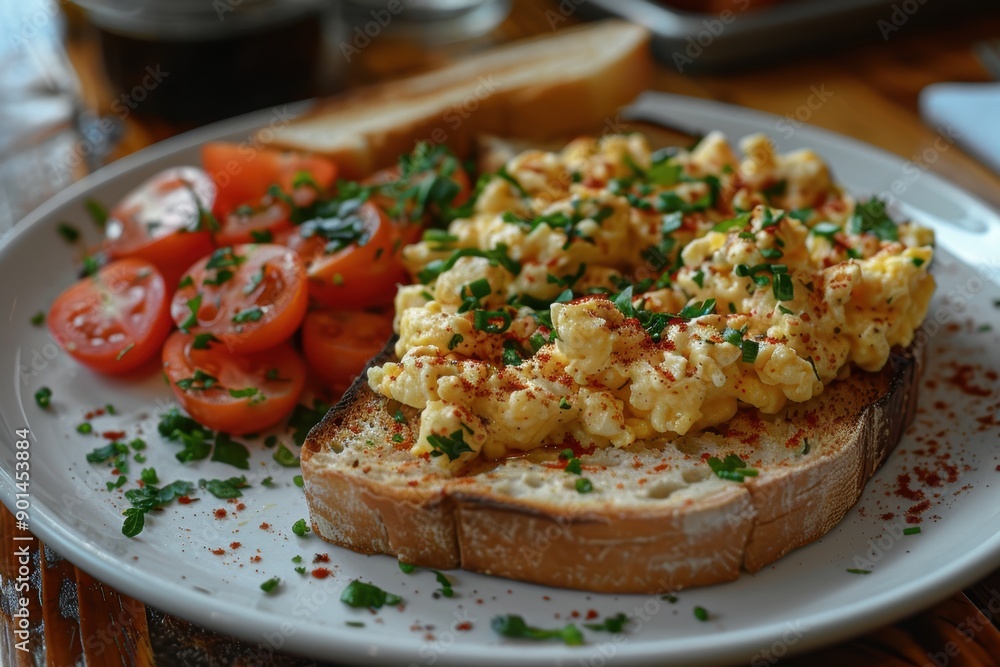A tempting dish of scrambled eggs on toast garnished with paprika and parsley, served with a side of fresh cherry tomatoes, perfect for a hearty breakfast A tempting dish of scrambled eggs on toast garnished with paprika and parsley, served with a side of fresh cherry tomatoes, perfect for a hearty breakfast