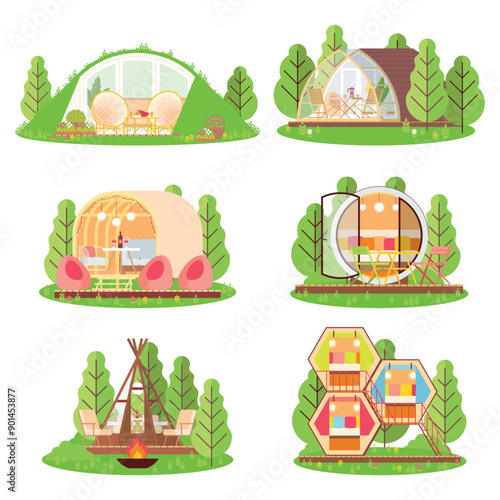 Set of glamping pods of various architectural forms. Small houses, bungalows, capsules for outdoor recreation. Modular portable prefabricated construction for mobile housing