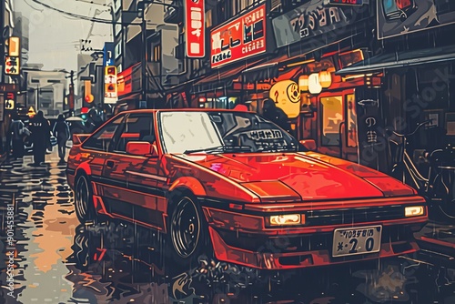 Red 80s Sports Car in Neon-Lit Tokyo Street