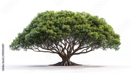 Imposing Chamchuri tree with a robust trunk and intricate, beautifully branched leaves, highlighted on a white background photo